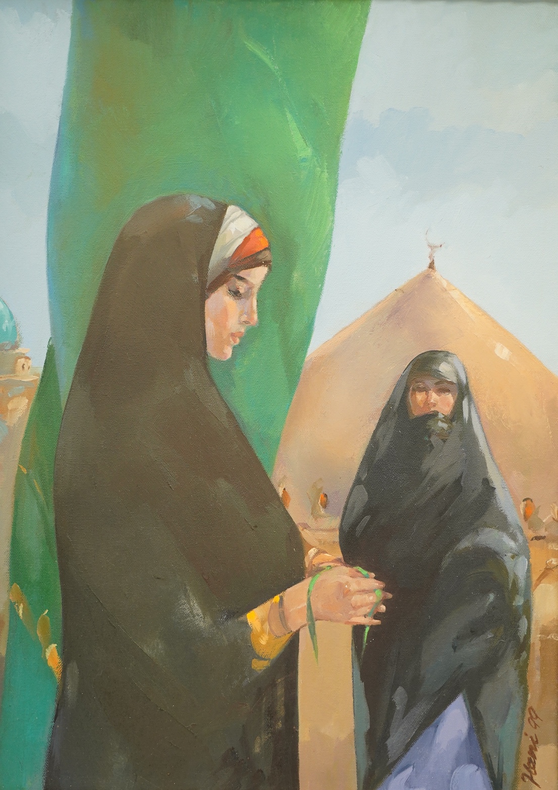 Hani (Iraq), oil on canvas, Two Arab women before a landscape, signed and dated '99, 55 x 40cm. Condition - good
